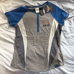 Harley-Davidson 115th Anniversary Henley Shirt Women's L Blue Gray Mesh Panel